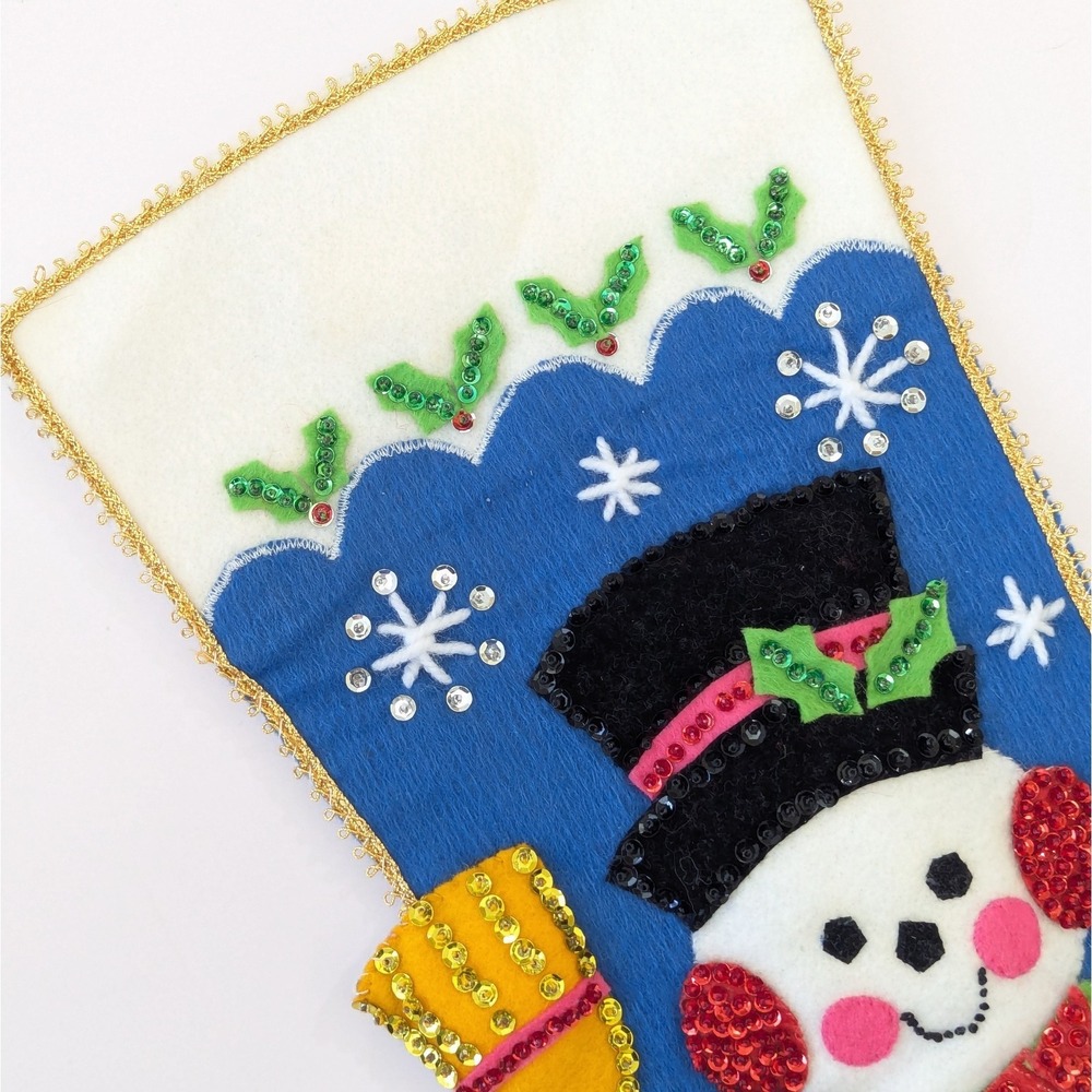 Vintage Finished Bucilla Felt Sequin Beaded Christmas Stocking Snowman w/Broom - Picture 3 of 9